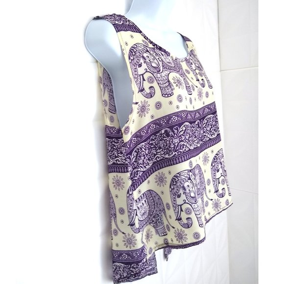 Elephant Boho Cropped Tank Top Purple Yellow Thailand Open Back M 100% Cotton - Picture 2 of 10
